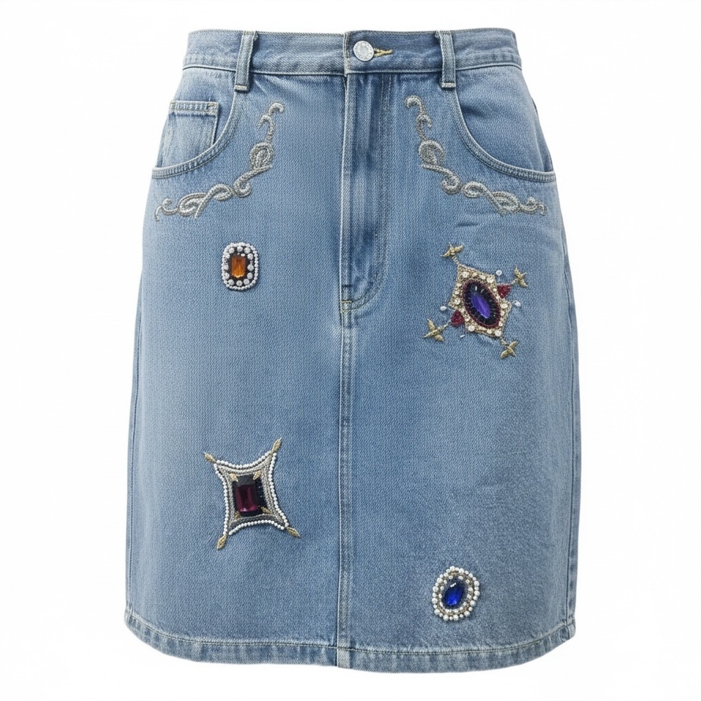 Cedars Embellished Denim Skirt; Y2K-era embellished denim skirt; Size 10